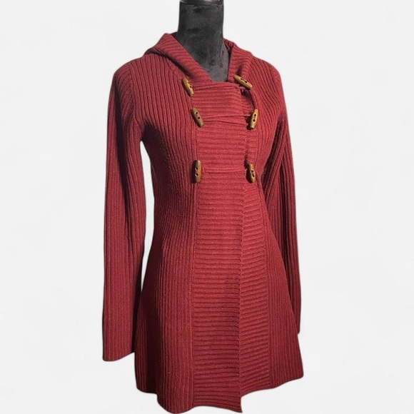 Takeout Red Wooden Button Long Sleeve Sweater with Hood - Picture 1 of 5